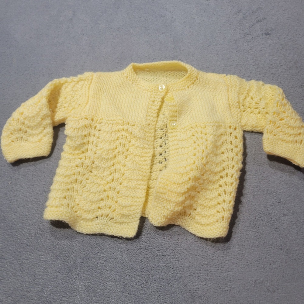Handmade Cardigan Baby Girls 3M Yellow Pointelle Wave Knit Vintage Style Sweater